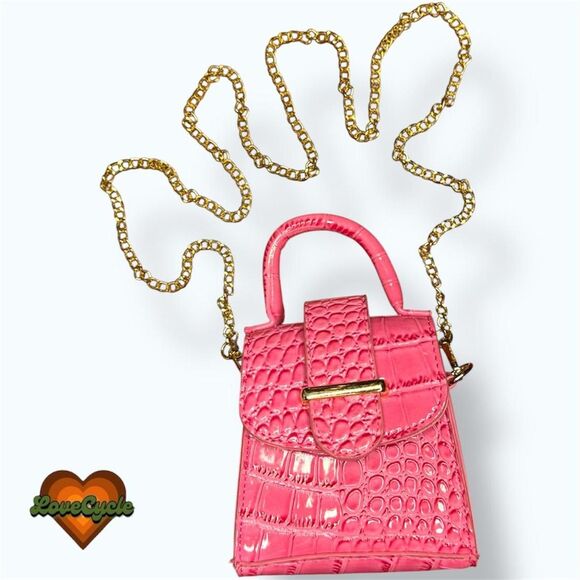 Women's Shein Hot Pink Croc Embossed Mini Shoulder Bag w Gold Chain - Picture 1 of 8